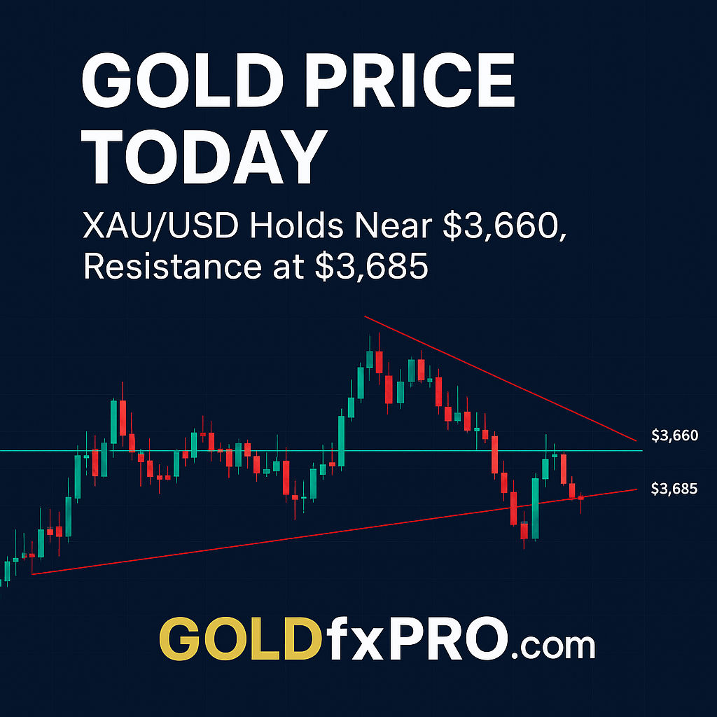 Gold price today XAU/USD chart shows resistance at $3,685 and support near $3,660 with GoldFxPro.com branding.