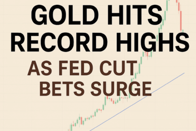 Gold price chart with headline “Gold Hits Record Highs as Fed Cut Bets Surge” and GoldFXPro branding