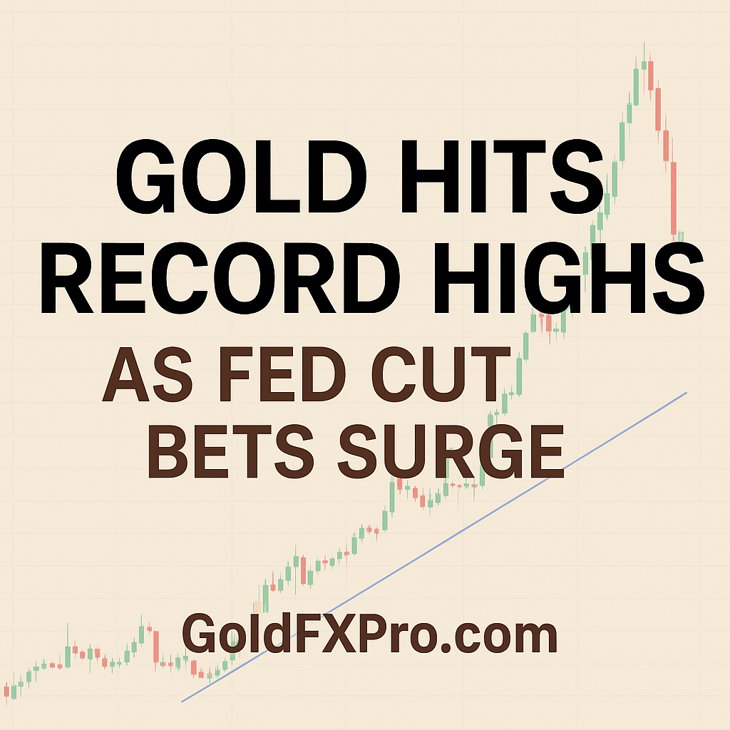 Gold price chart with headline “Gold Hits Record Highs as Fed Cut Bets Surge” and GoldFXPro branding