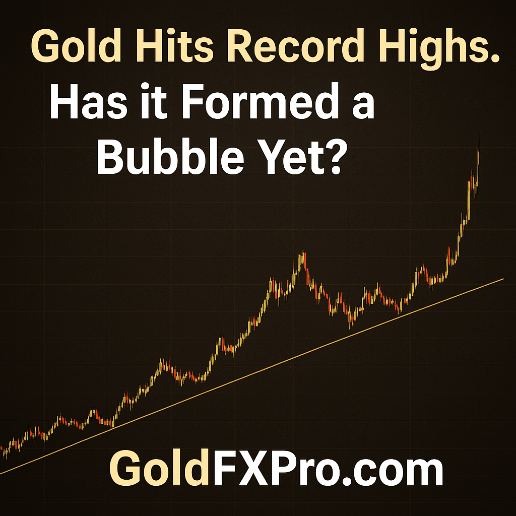 Gold price forecast featured image showing candlestick chart with headline “Gold Hits Another Record High” and branding GoldFXPro.com