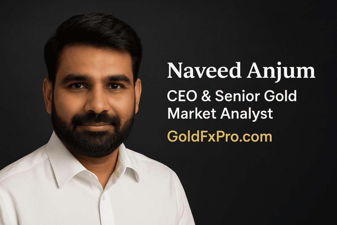 Professional portrait of Naveed Anjum, CEO and Senior Gold Market Analyst at GoldFxPro.com, with gold-themed branding.