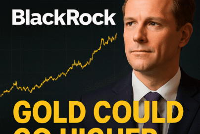 BlackRock logo with gold bars and coins symbolizing gold investment and financial strength.