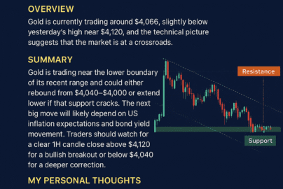 Gold price technical chart showing XAU/USD testing key $4,043 support level near $4,000 with gold bars and market indicators.