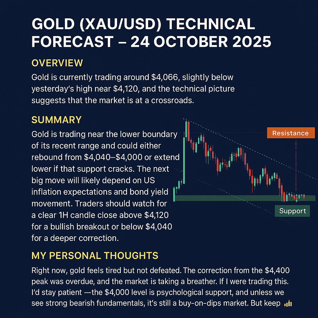 Gold price technical chart showing XAU/USD testing key $4,043 support level near $4,000 with gold bars and market indicators.