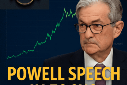 Jerome Powell speaking with XAUUSD gold price chart background, symbolizing market focus on Fed policy and gold outlook.