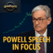 Jerome Powell speaking with XAUUSD gold price chart background, symbolizing market focus on Fed policy and gold outlook.