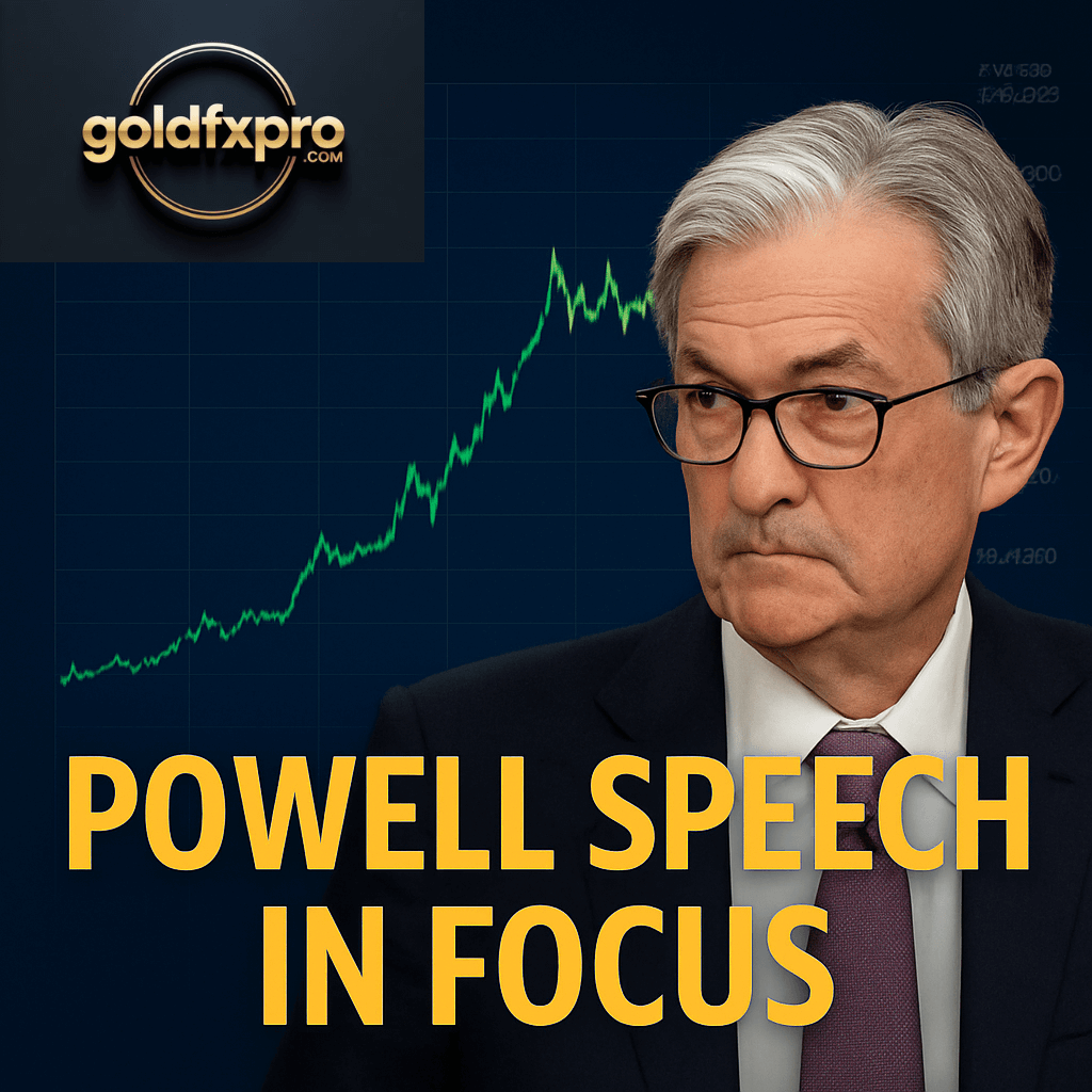 Jerome Powell speaking with XAUUSD gold price chart background, symbolizing market focus on Fed policy and gold outlook.