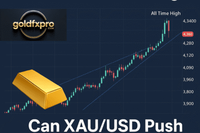 Gold price chart showing XAU/USD hitting a new high near $4,360 with an upward channel and gold bar illustration.