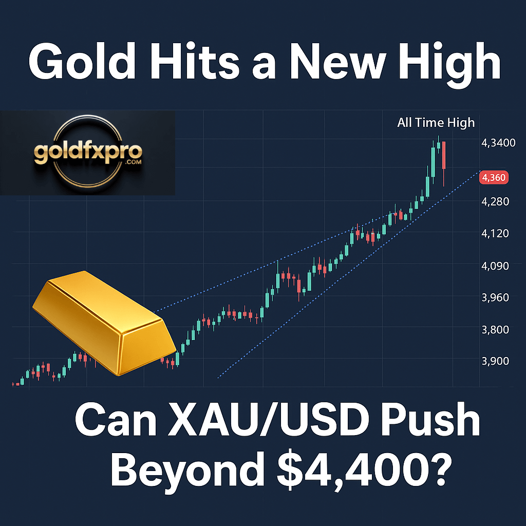 Gold price chart showing XAU/USD hitting a new high near $4,360 with an upward channel and gold bar illustration.
