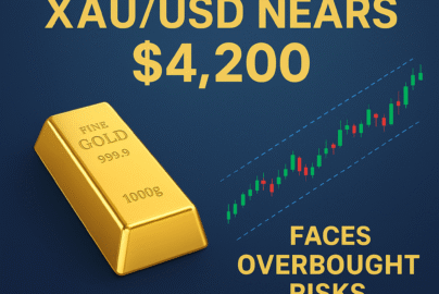 Gold price forecast showing XAU/USD approaching $4,200 with a glowing gold bar and financial chart background.