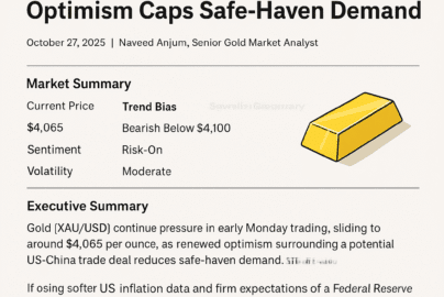 Gold price forecast October 27, 2025 – XAU/USD falls toward $4,050 as US–China trade optimism reduces safe-haven demand.