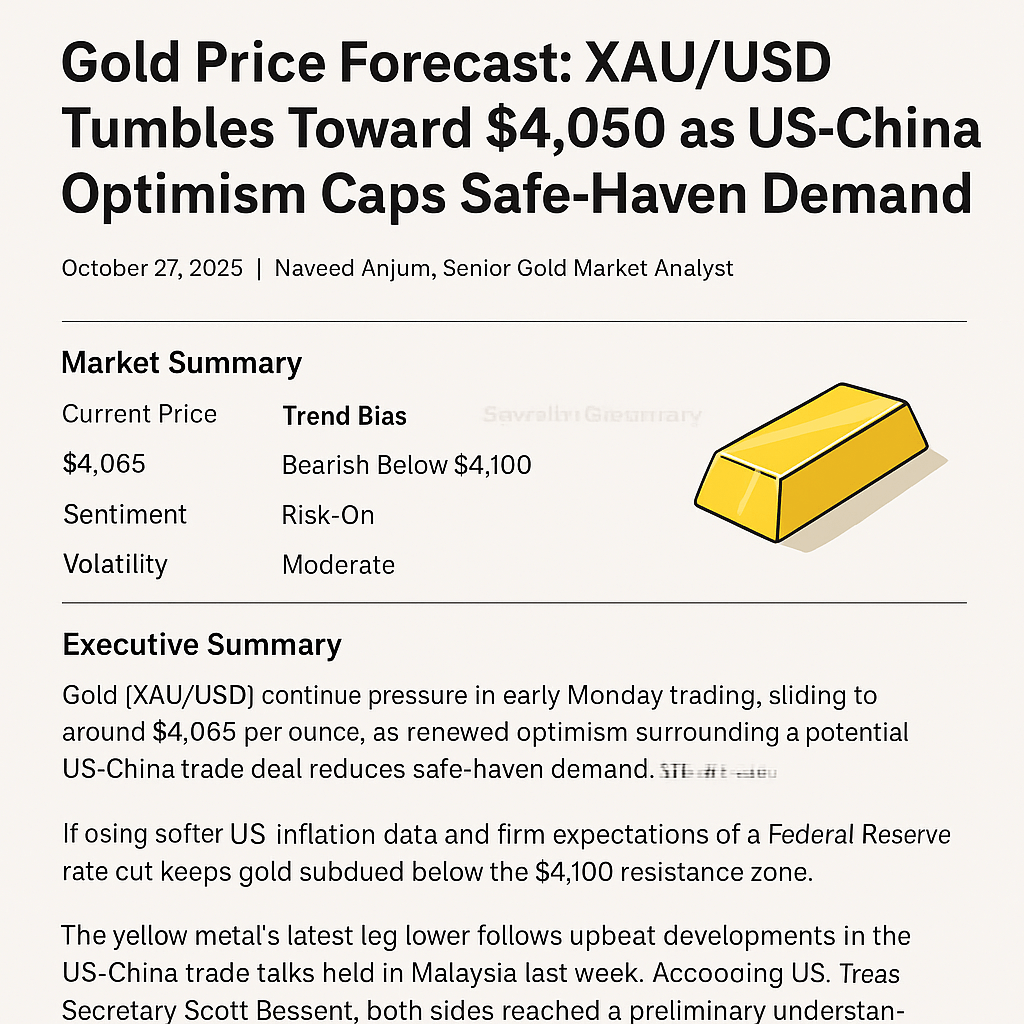 Gold price forecast October 27, 2025 – XAU/USD falls toward $4,050 as US–China trade optimism reduces safe-haven demand.
