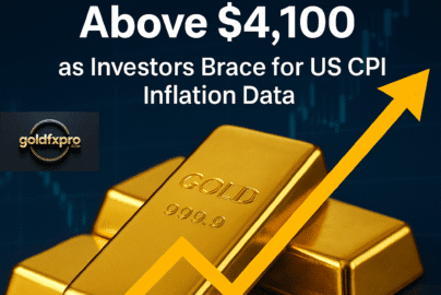 Gold price surges above $4,100 with bullish chart and golden bars representing safe-haven demand and inflation concerns.