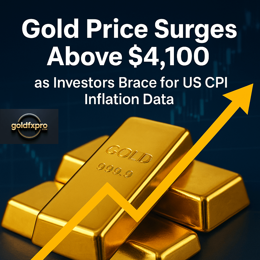 Gold price surges above $4,100 with bullish chart and golden bars representing safe-haven demand and inflation concerns.