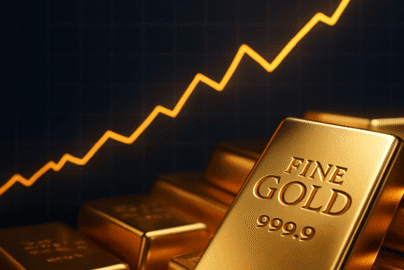 Gold bars with rising price chart in the background symbolizing record-high gold prices.