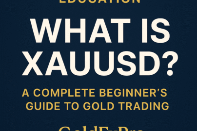 Educational XAUUSD trading banner showing gold bars and U.S. dollar charts, symbolizing Forex learning and gold price movement.