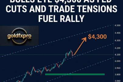 Gold price forecast chart showing XAUUSD breaking resistance near $4,100 and targeting $4,300 amid bullish rally and Federal Reserve rate cut expectations.