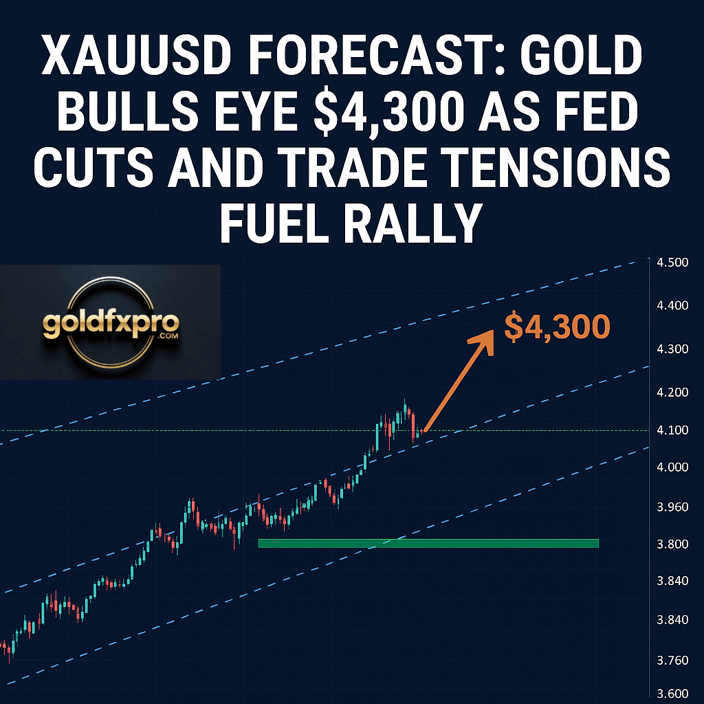 Gold price forecast chart showing XAUUSD breaking resistance near $4,100 and targeting $4,300 amid bullish rally and Federal Reserve rate cut expectations.