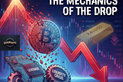 Bitcoin Crash 2025 chart visualization showing $46,000 drop from $126K to $80K with leverage gears and XAUUSD gold bar.