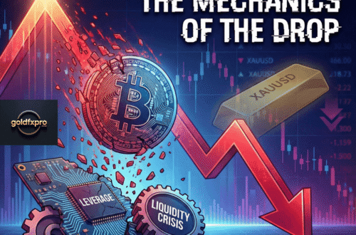 Bitcoin Crash 2025 chart visualization showing $46,000 drop from $126K to $80K with leverage gears and XAUUSD gold bar.