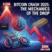 Bitcoin Crash 2025 chart visualization showing $46,000 drop from $126K to $80K with leverage gears and XAUUSD gold bar.