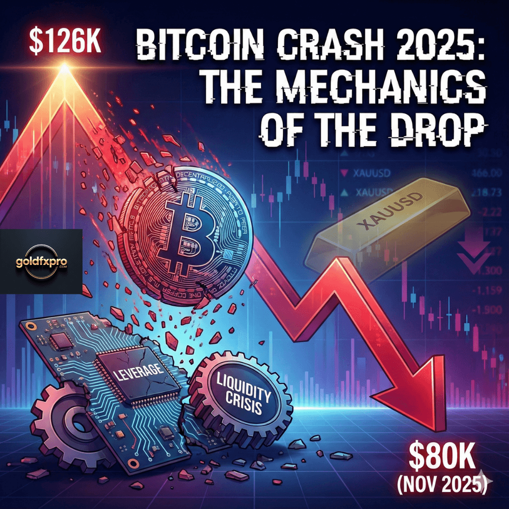 Bitcoin Crash 2025 chart visualization showing $46,000 drop from $126K to $80K with leverage gears and XAUUSD gold bar.