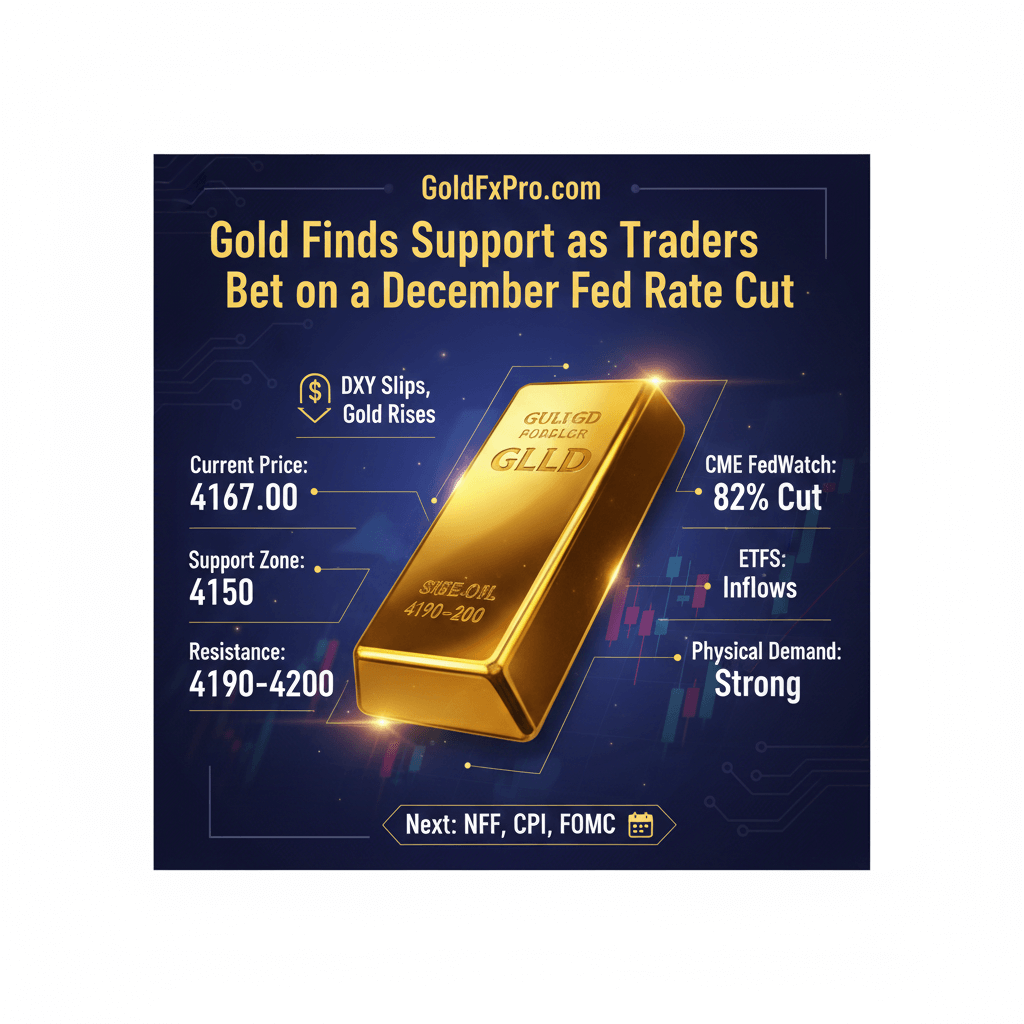 Gold Market News chart showing gold bar, current price 4167.00, support 4150, resistance 4190-4200, 82% Fed cut probability, and a rising arrow for DXY slips.