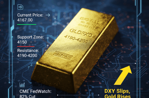 Gold Market News: Gold Finds Support as Traders Bet on a December Fed Rate Cut 10 Gold Market News chart showing gold bar, current price 4167.00, support 4150, resistance 4190-4200, 82% Fed cut probability, and a rising arrow for DXY slips.