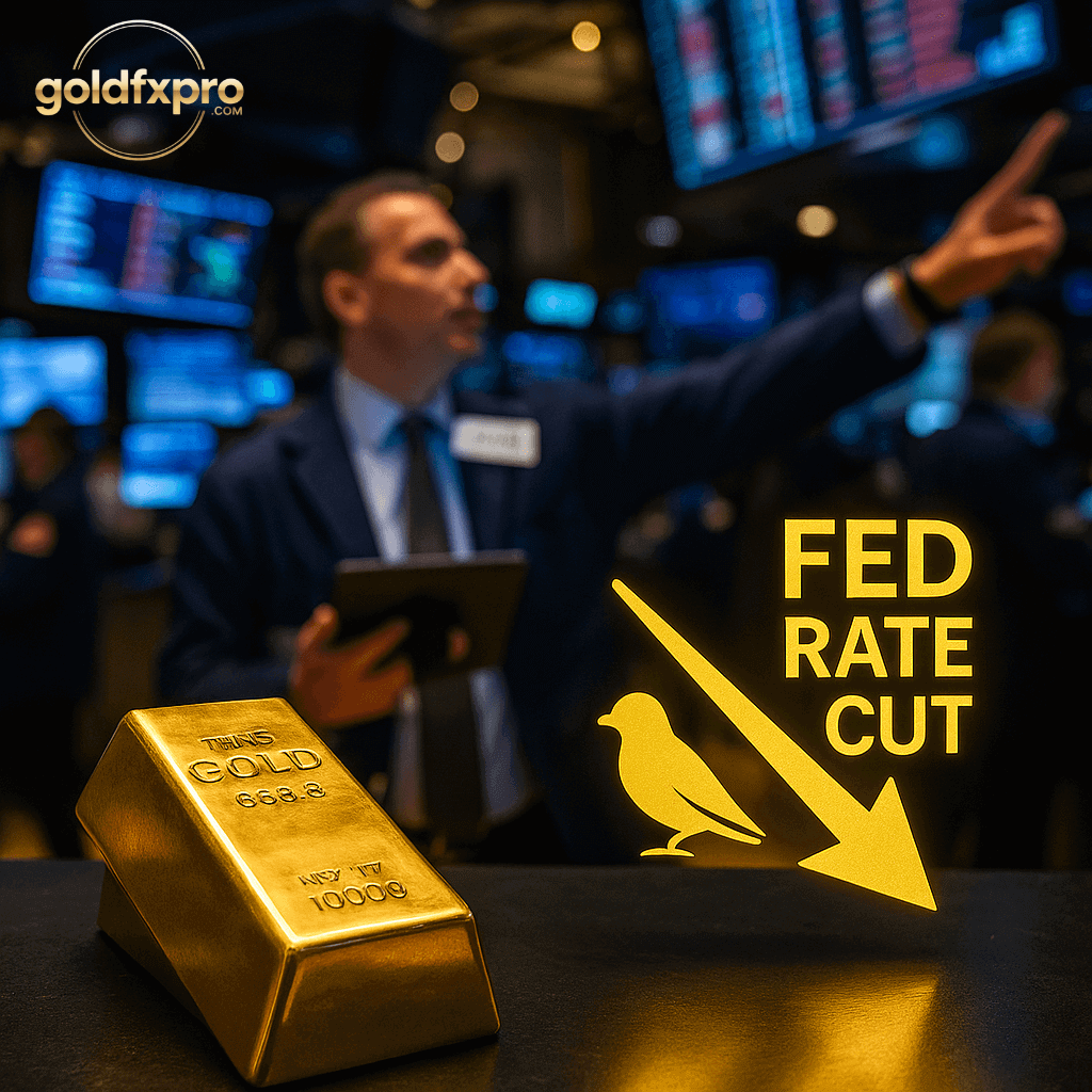 Gold Price Forecast featured image showing gold bars, a FED rate cut indicator, and a trader on the exchange floor reacting to market movements.