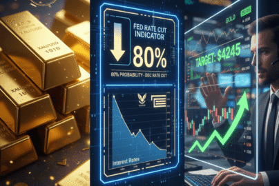 Gold Price Forecast featured image showing gold bars, a FED rate cut indicator, and a trader on the exchange floor reacting to market movements.