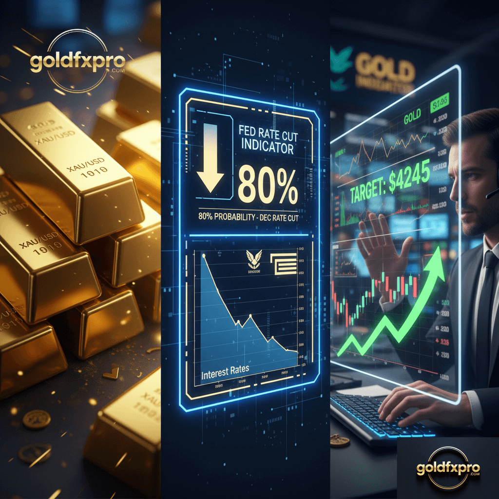 Gold Price Forecast featured image showing gold bars, a FED rate cut indicator, and a trader on the exchange floor reacting to market movements.