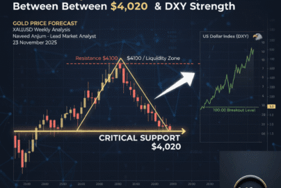 Gold Weekly Forecast XAU/USD showing a symmetrical triangle compression pattern between $4,020 support and $4,100 resistance, with an arrow pointing to the DXY index chart.