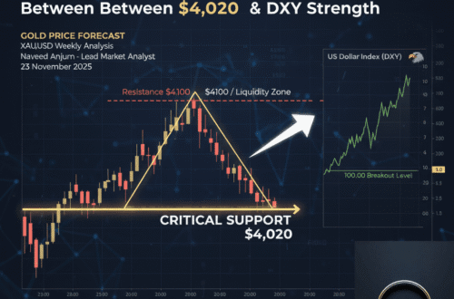 Gold Weekly Forecast XAU/USD showing a symmetrical triangle compression pattern between $4,020 support and $4,100 resistance, with an arrow pointing to the DXY index chart.