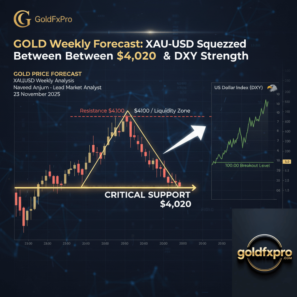 Gold Weekly Forecast XAU/USD showing a symmetrical triangle compression pattern between $4,020 support and $4,100 resistance, with an arrow pointing to the DXY index chart.