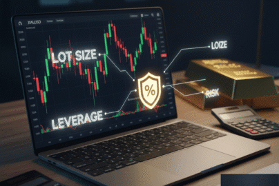XAUUSD Lot Size calculation formula overlaid on a gold chart, illustrating precise risk management and position sizing in volatile Gold trading.