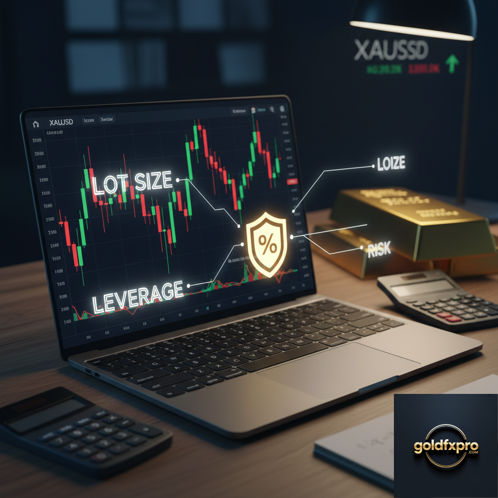 XAUUSD Lot Size calculation formula overlaid on a gold chart, illustrating precise risk management and position sizing in volatile Gold trading.