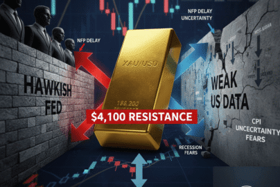 Technical chart for the gold price forecast, showing XAU/USD testing the $4,100 resistance zone.