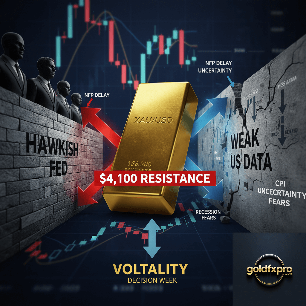 Technical chart for the gold price forecast, showing XAU/USD testing the $4,100 resistance zone.