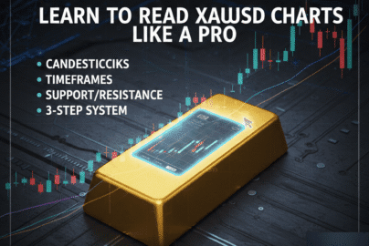 Featured image for GoldFXPro showing a gold bar and digital XAUUSD candlestick chart patterns, illustrating the complete guide to reading gold charts for beginners and pros.