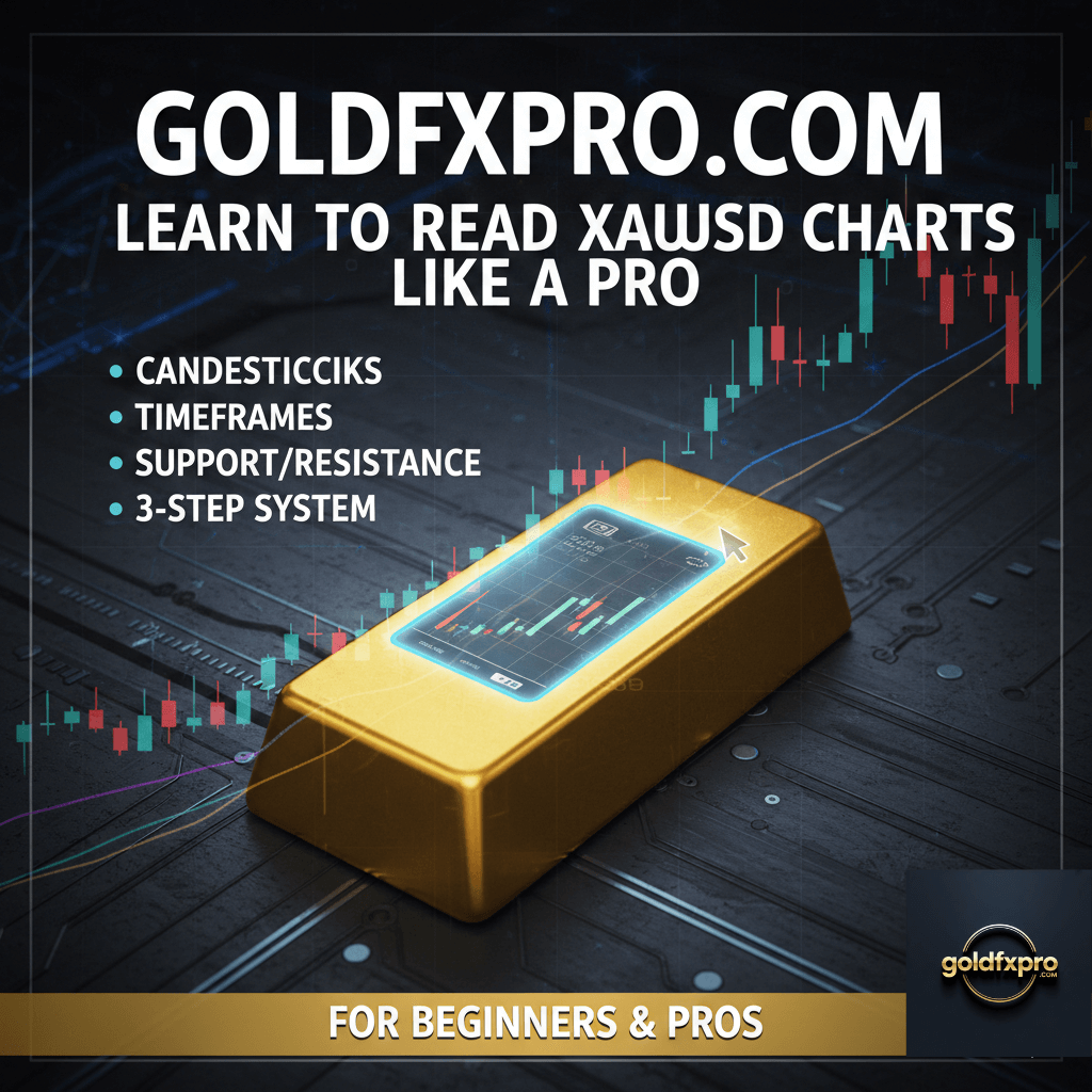 Featured image for GoldFXPro showing a gold bar and digital XAUUSD candlestick chart patterns, illustrating the complete guide to reading gold charts for beginners and pros.