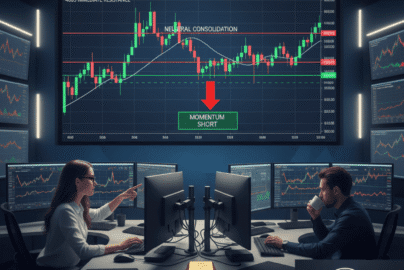 Two traders in a modern trading room, with screens displaying a XAUUSD Daily Forecast chart showing neutral consolidation and a "Momentum Short" indicator, alongside physical gold bars on the desk.
