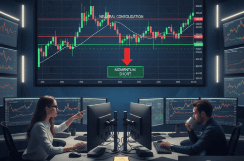 Two traders in a modern trading room, with screens displaying a XAUUSD Daily Forecast chart showing neutral consolidation and a "Momentum Short" indicator, alongside physical gold bars on the desk.