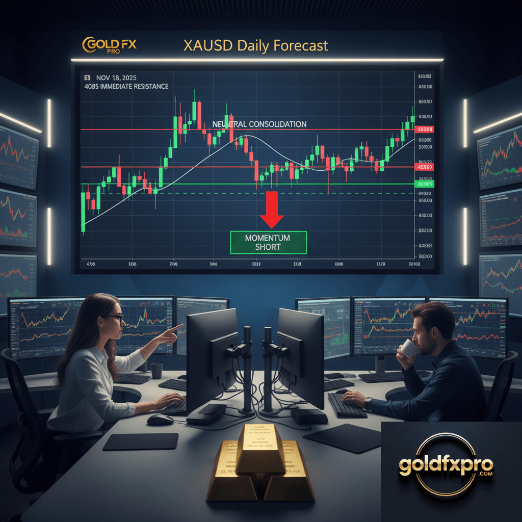 Two traders in a modern trading room, with screens displaying a XAUUSD Daily Forecast chart showing neutral consolidation and a "Momentum Short" indicator, alongside physical gold bars on the desk.