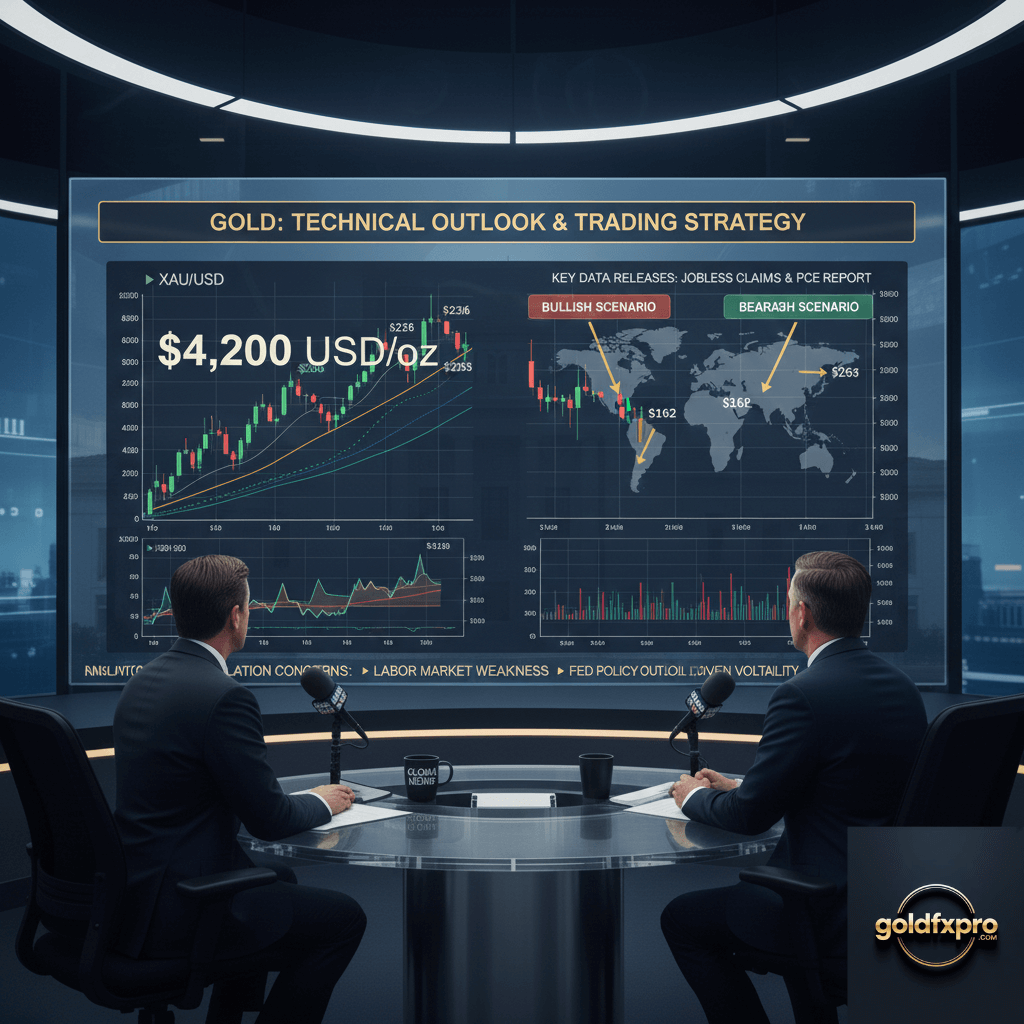 Gold price forecast chart showing XAUUSD near $4,200 overlaid on the Federal Reserve building ahead of the FOMC meeting.