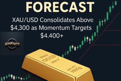 Gold Weekly Forecast chart showing XAU/USD consolidating above 4300 with bullish momentum targeting 4400