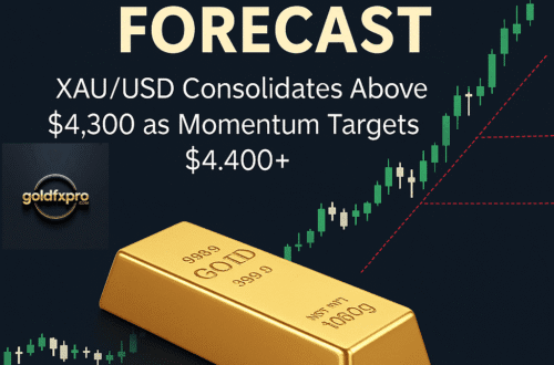 Gold Weekly Forecast chart showing XAU/USD consolidating above 4300 with bullish momentum targeting 4400