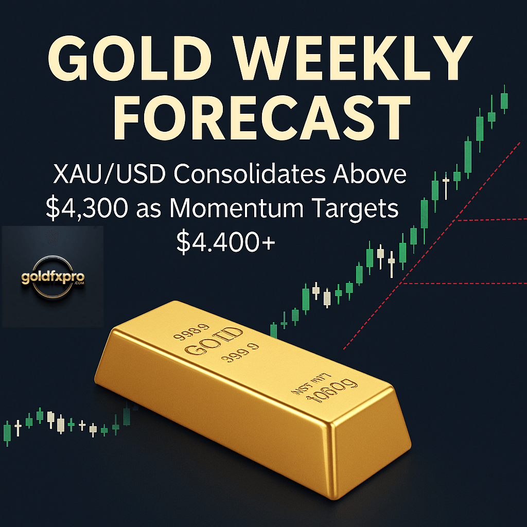 Gold Weekly Forecast chart showing XAU/USD consolidating above 4300 with bullish momentum targeting 4400