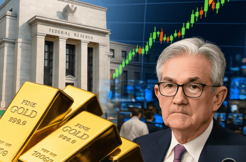 Gold price forecast image showing gold bars, the Federal Reserve building, Jerome Powell, rising gold trend chart, and trading floor activity.