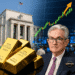 Gold price forecast image showing gold bars, the Federal Reserve building, Jerome Powell, rising gold trend chart, and trading floor activity.
