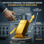 A visual metaphor showing a large gold bar resting on a stone pedestal with a bullish price chart rising behind it. A giant hand, representing the Federal Reserve, is cutting a chain that links the gold bar to the words "INTEREST RATES" using a pair of scissors. Text on the image reads: "FED POLICY REMAINS THE DOMINANT DRIVER," "ACCUMULATION AT RESISTANCE," and "BREAKOUT IMMINENT?" The chart shows key price levels ($4,133, $4,245–$4,264) and an arrow labeled "GLOBAL PURCHASING POWER (USD WEAKNESS)" pointing upward.